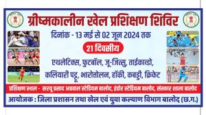 जिला स्तरीय ग्रीष्मकालीन खेल प्रशिक्षण शिविर का आयोजन 13 मई से जिला स्तरीय ग्रीष्मकालीन खेल प्रशिक्षण शिविर का आयोजन 13 मई से