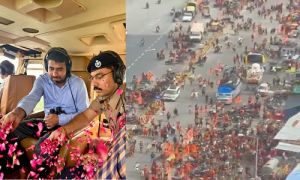 डीएम और एसएसपी  ने  हेलीकॉप्टर से बरसाये कांवड़ियों पर फूल